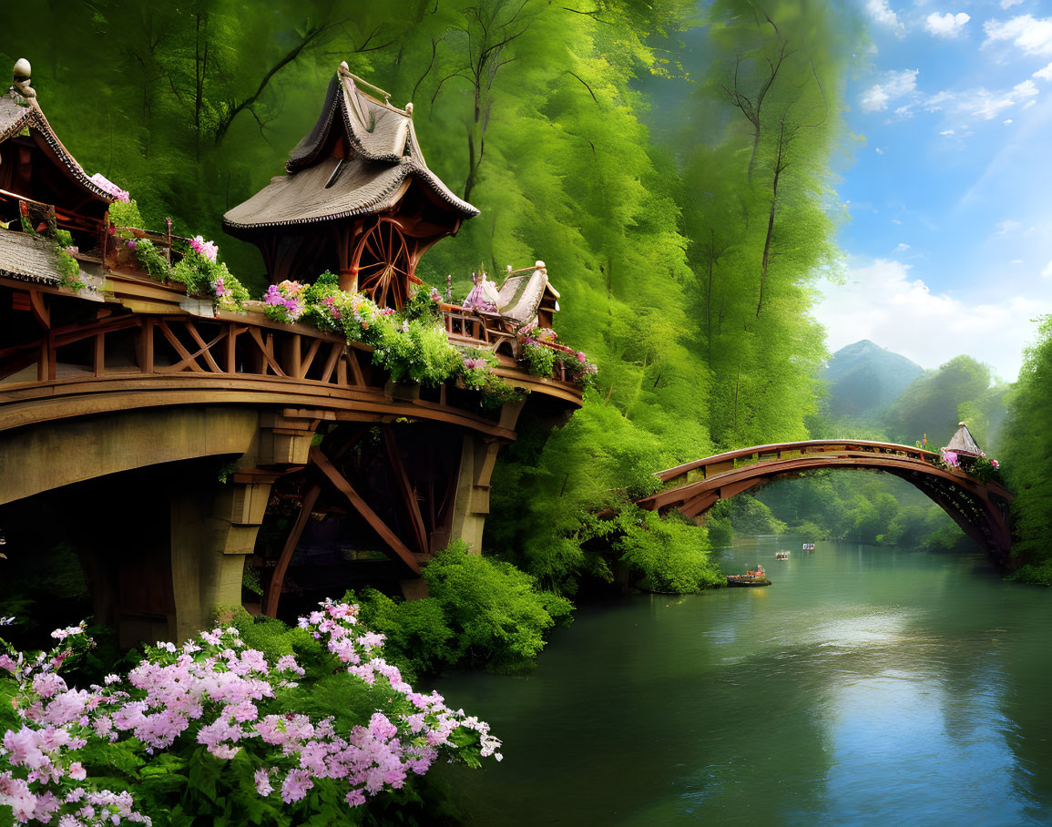 Tranquil river scene with wooden bridge and traditional structures