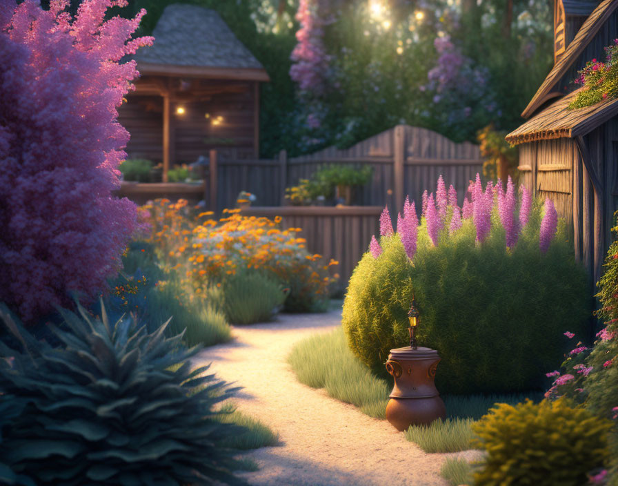 Tranquil Twilight Garden with Lush Plants and Purple Flowers