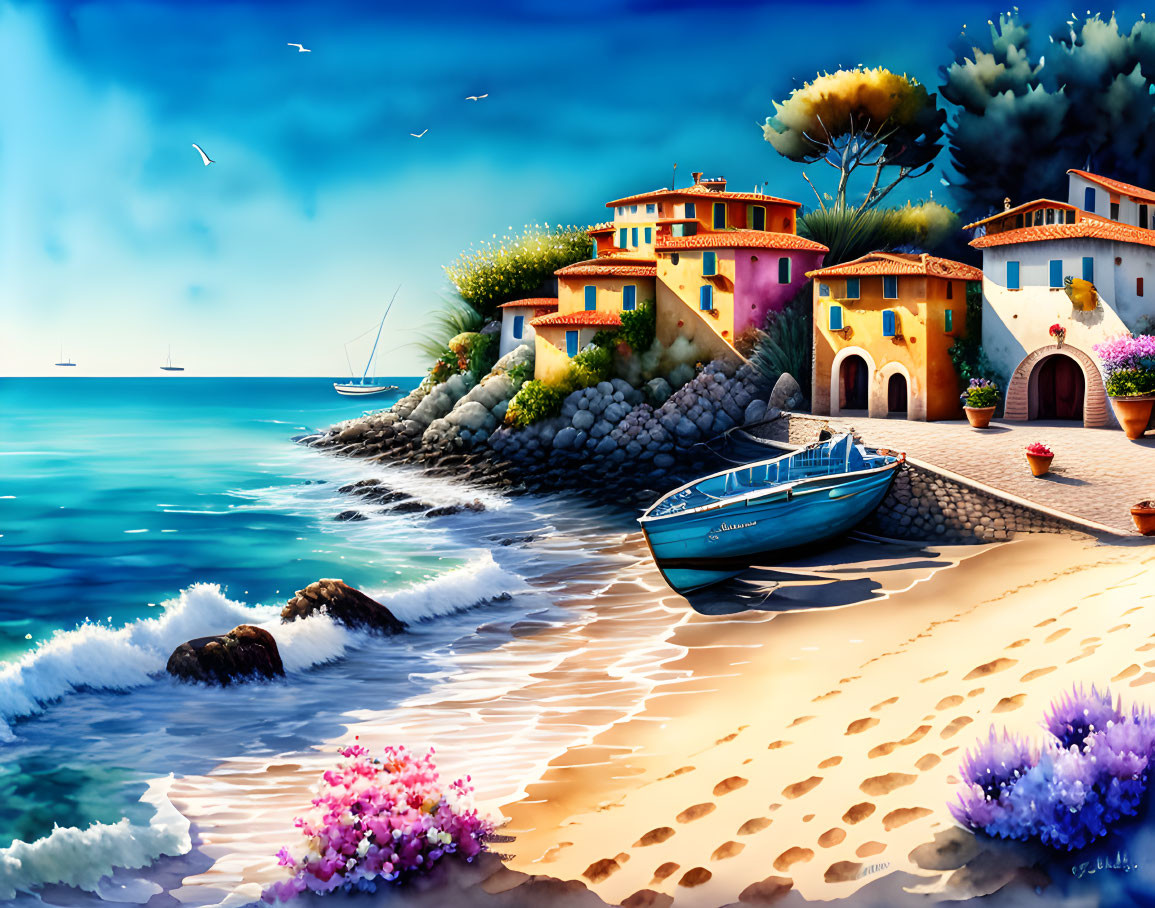 Colorful Mediterranean-style houses, blue boat, flowers, and seagulls in vibrant beach scene