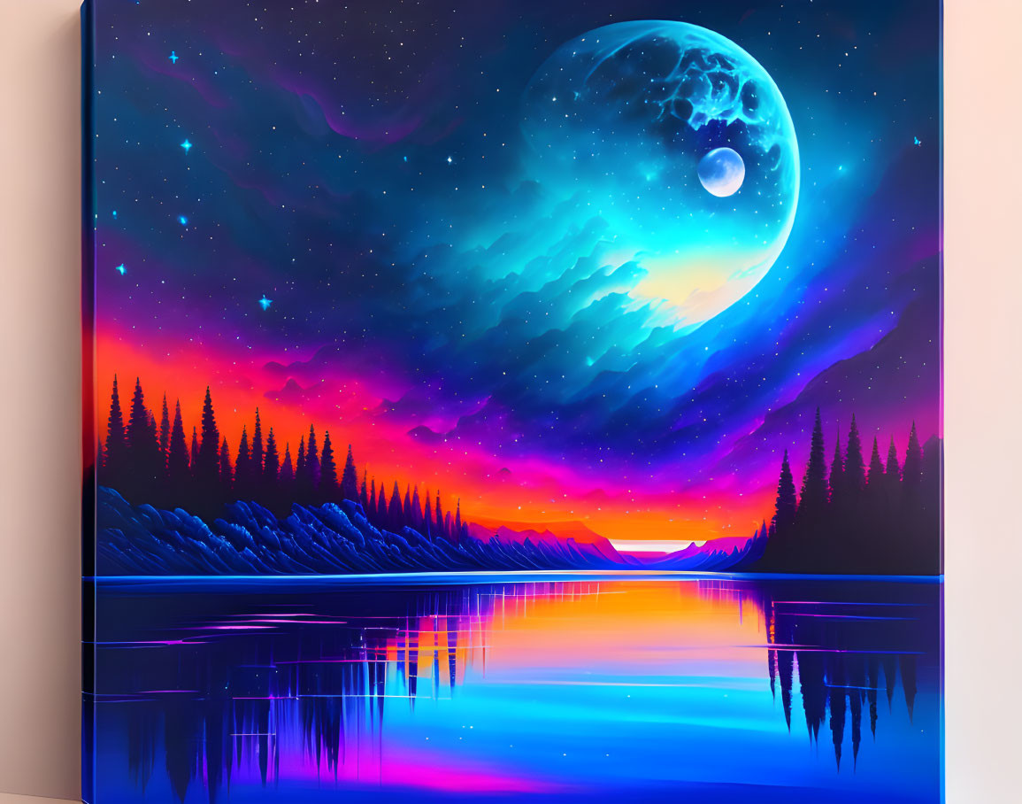 Digital Art: Cosmic Scene with Moon, Starry Sky, Sunset, Lake, Silhouetted