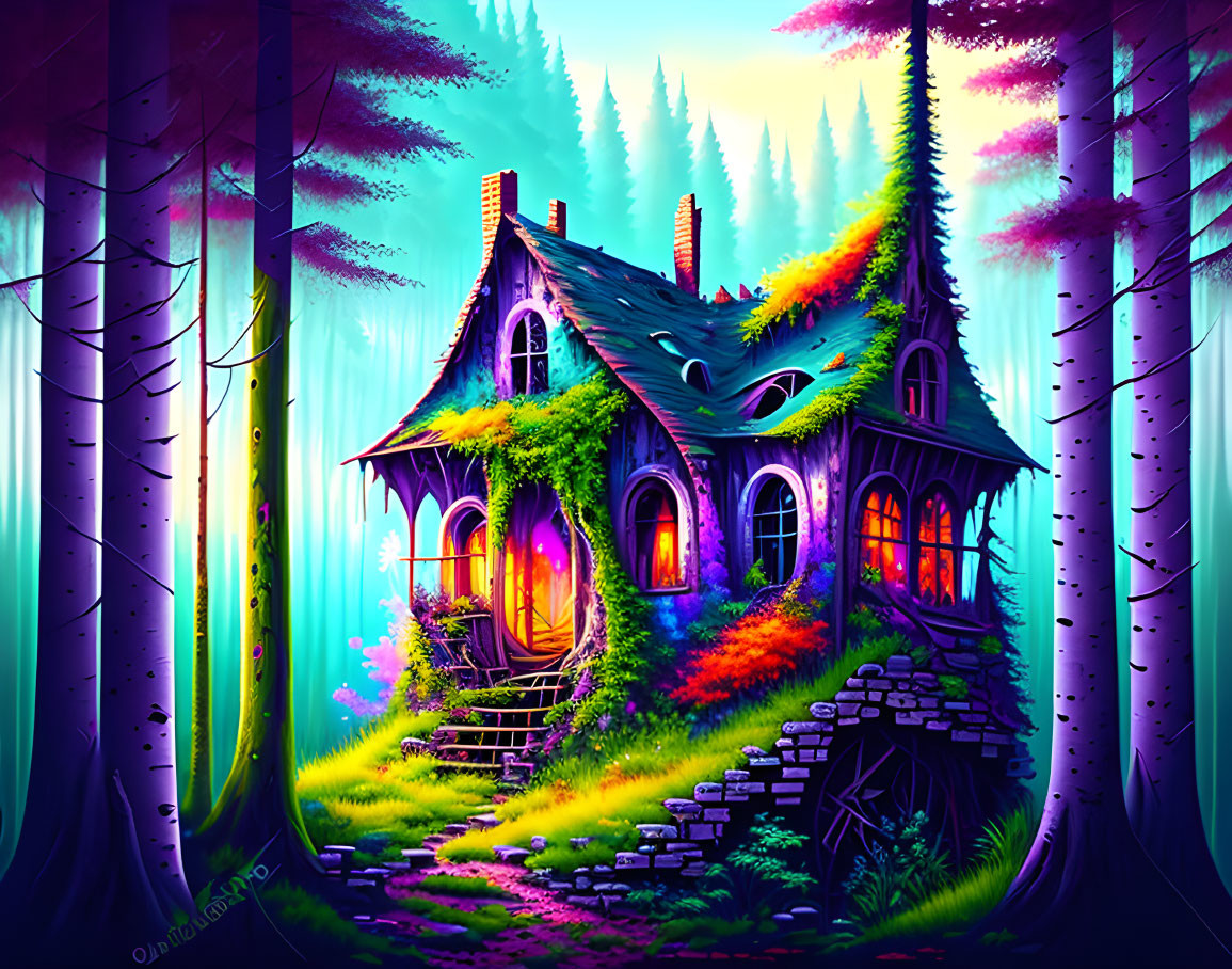 Vibrant whimsical house in magical forest with glowing windows