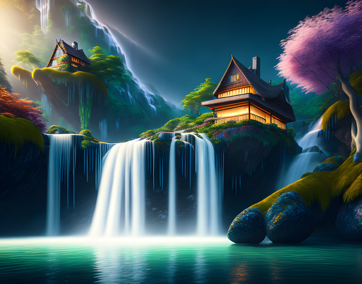 Traditional houses on waterfalls amid lush greenery and purple trees under a serene sky