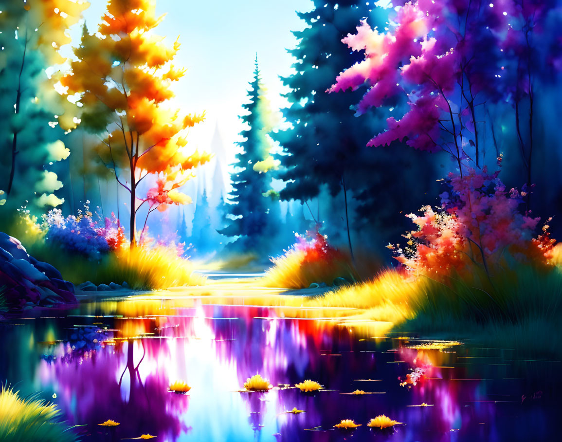 Colorful Forest and Reflective Lake with Flowers and Sunlight