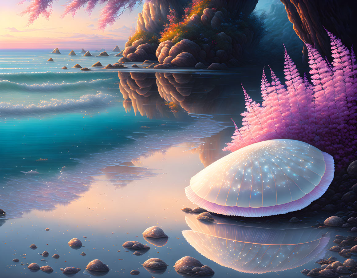 Glowing shell on pebbled shore with pink flora and serene waters