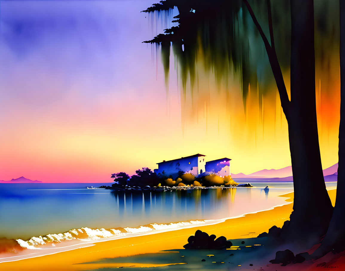 Colorful sunset beach scene with tree silhouette and small building on promontory.