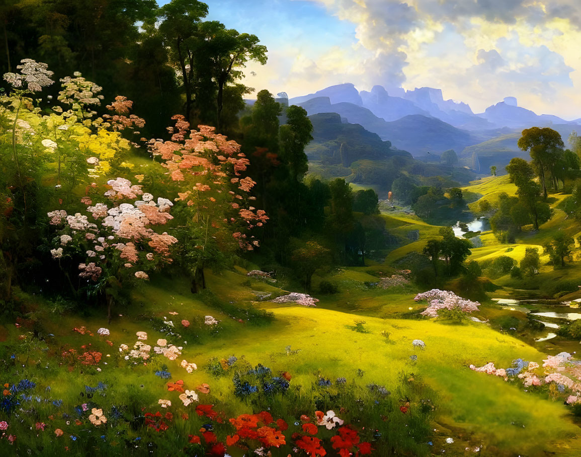 Serene landscape with vibrant flowers, rolling hills, stream, and mountains