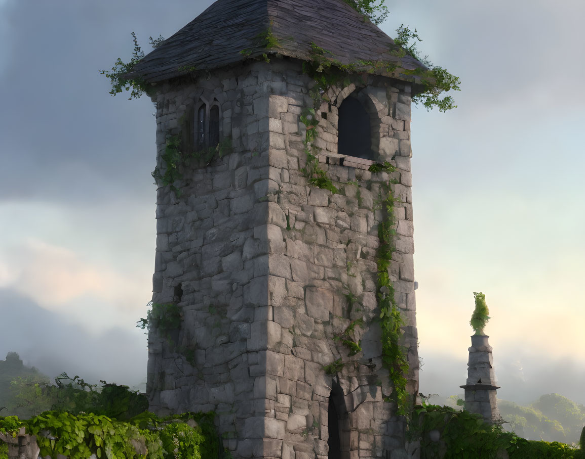 Stone tower with ivy and statue in misty morning scene