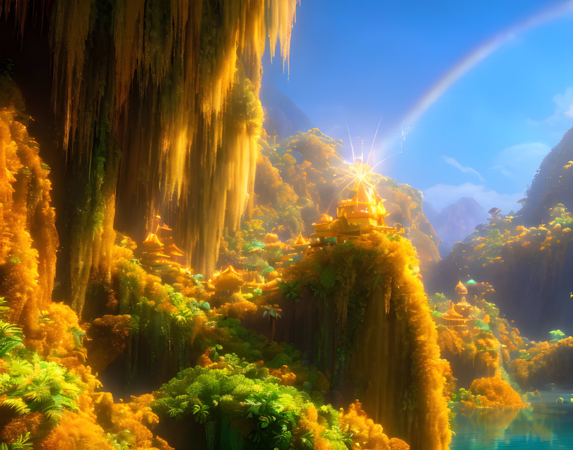 Golden temples, lush greenery, waterfalls, blue lake, and rainbow in serene landscape