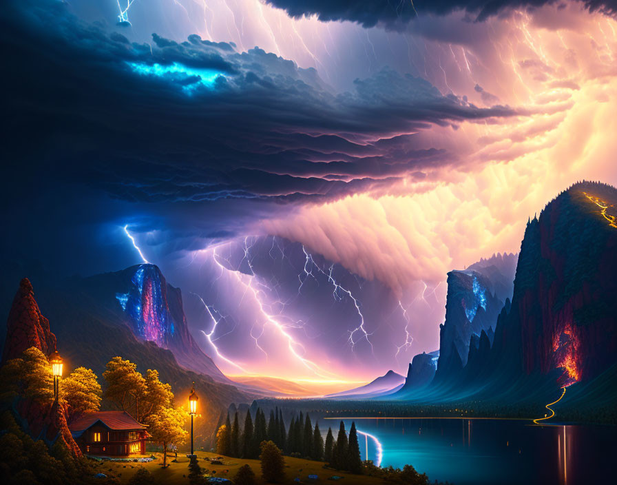 Dramatic thunderstorm over serene lake at dusk