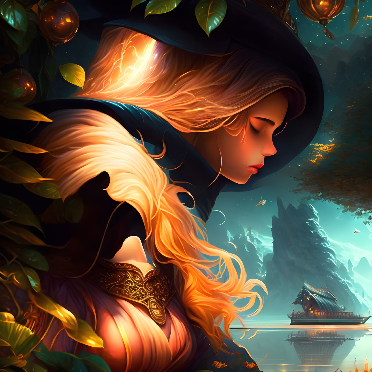 Mystical woman with golden hair in dark cloak, surrounded by orbs and vines, ship and cliffs