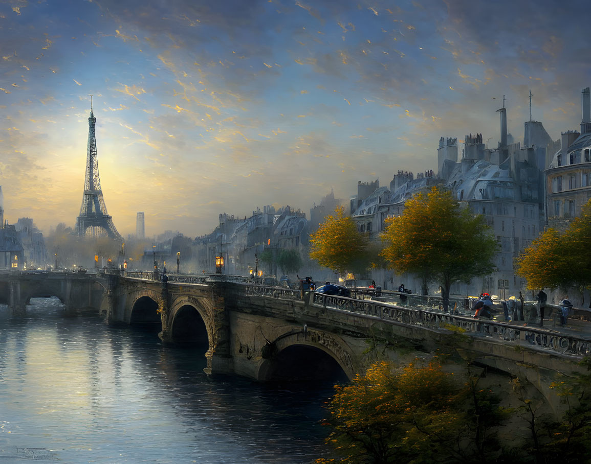 Parisian scene: Eiffel Tower, Seine River bridge, autumn trees, and birds in