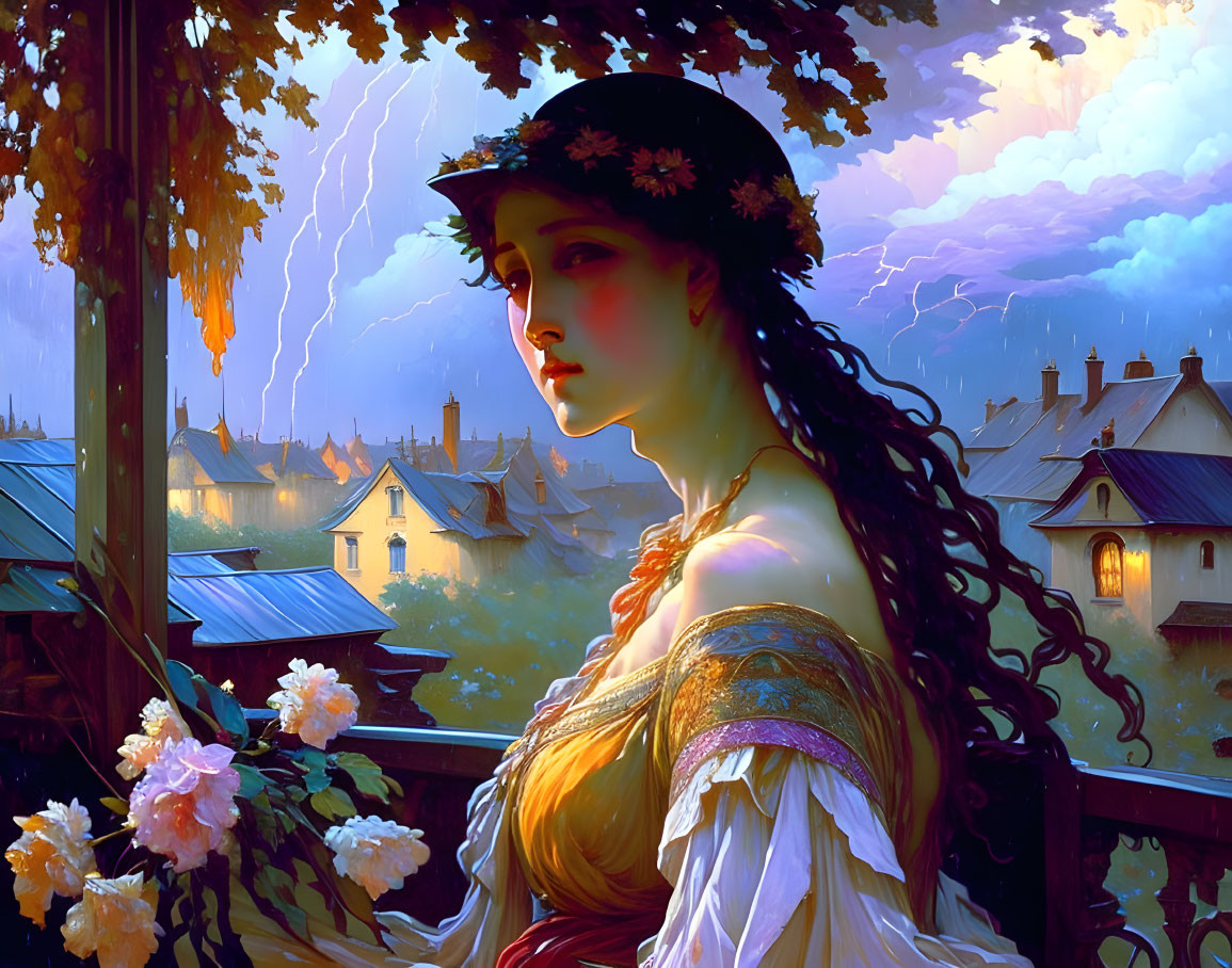 Woman with floral wreath gazing at stormy village landscape