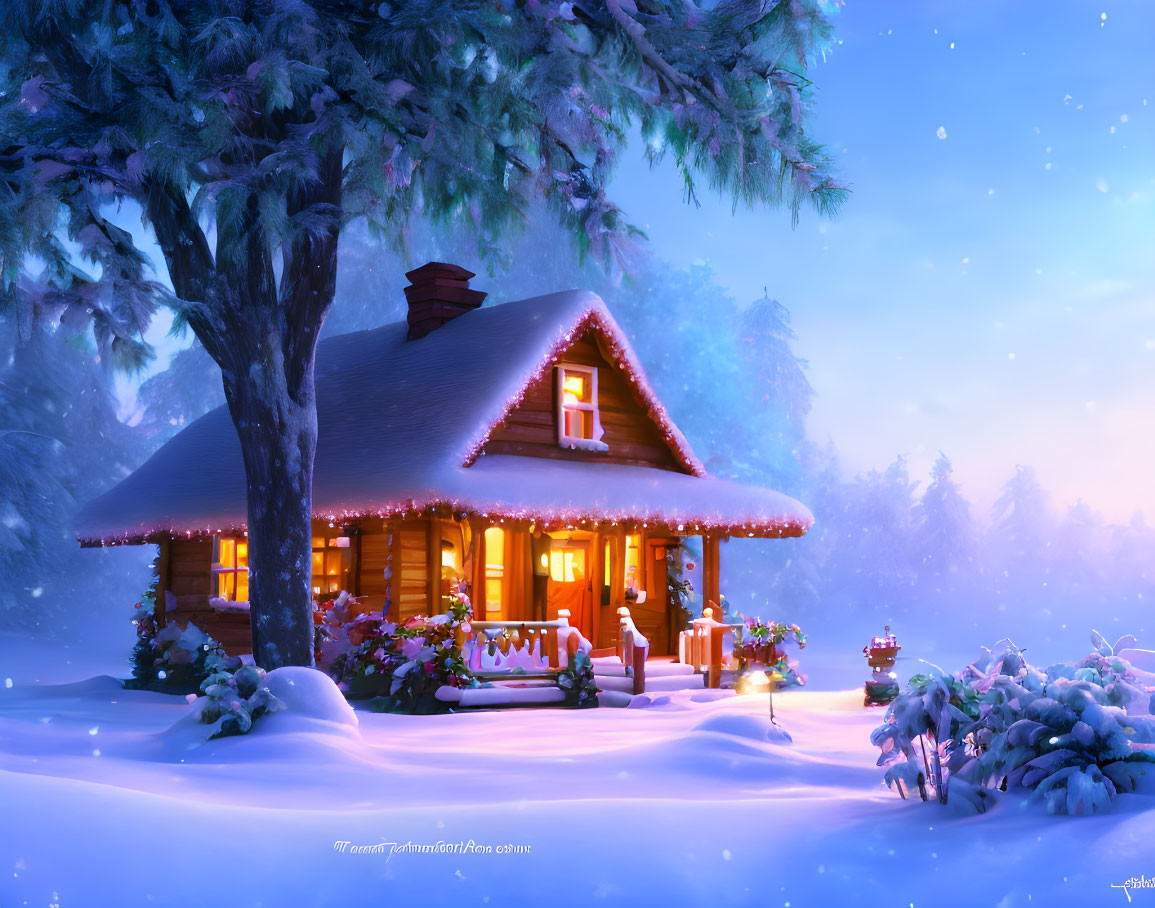 Snowy log cabin at dusk with festive decorations in tranquil winter scene