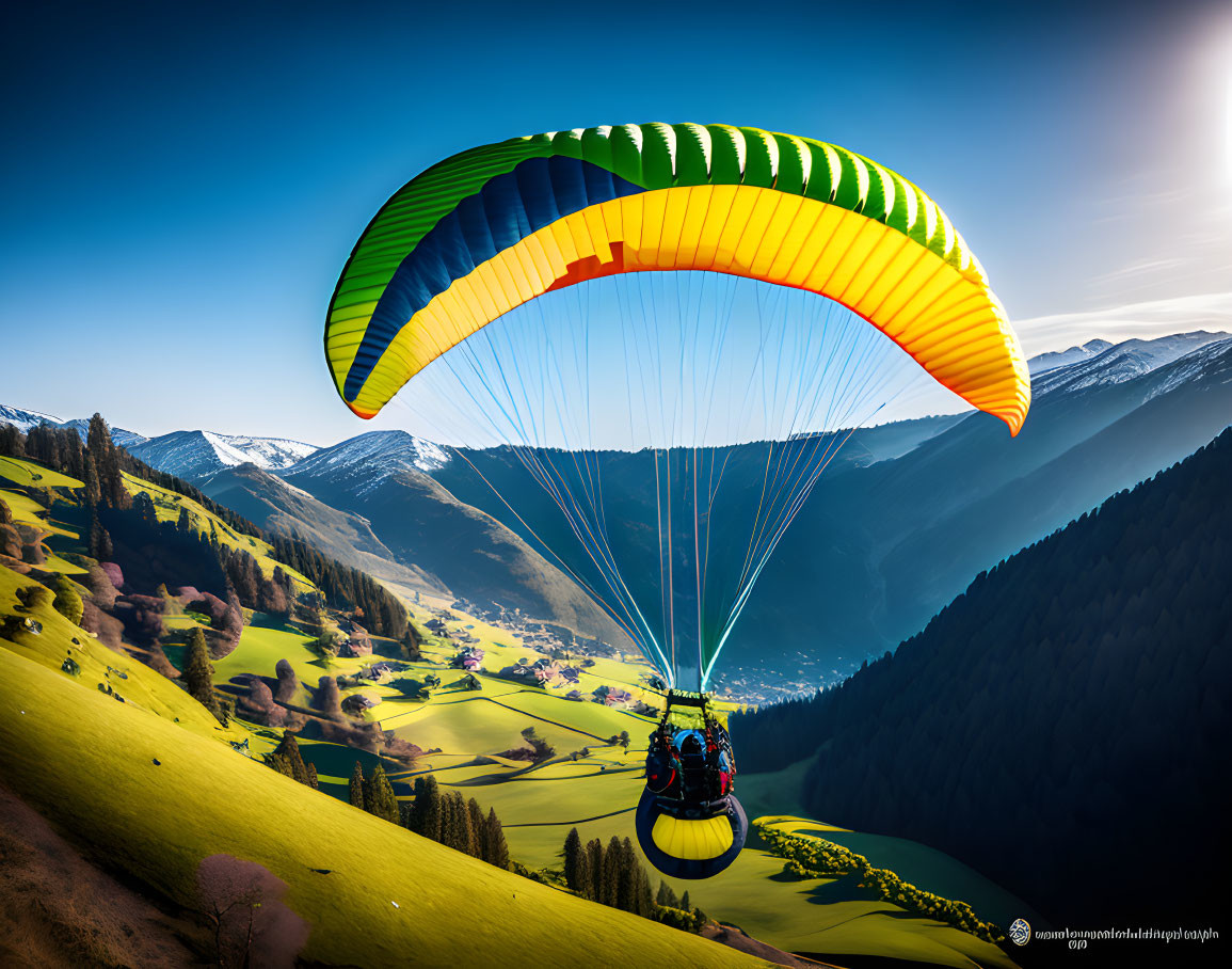 Colorful paraglider flying over green valley with snow-capped mountains