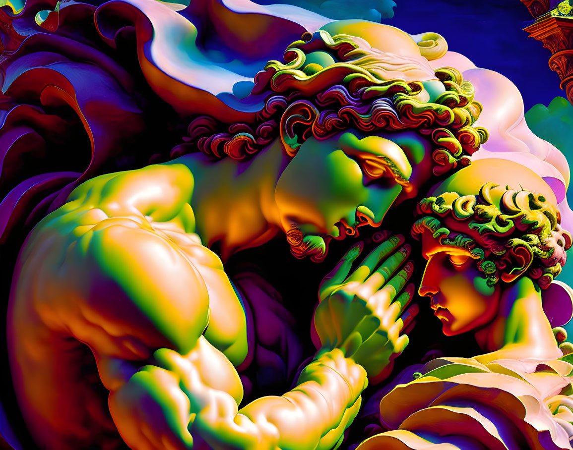 Colorful digital art of two stylized figures in intimate pose