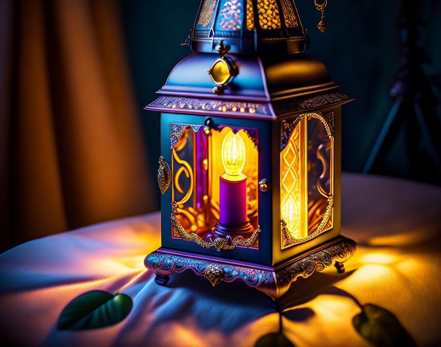 Purple candle lantern casting warm glow on draped cloth surface