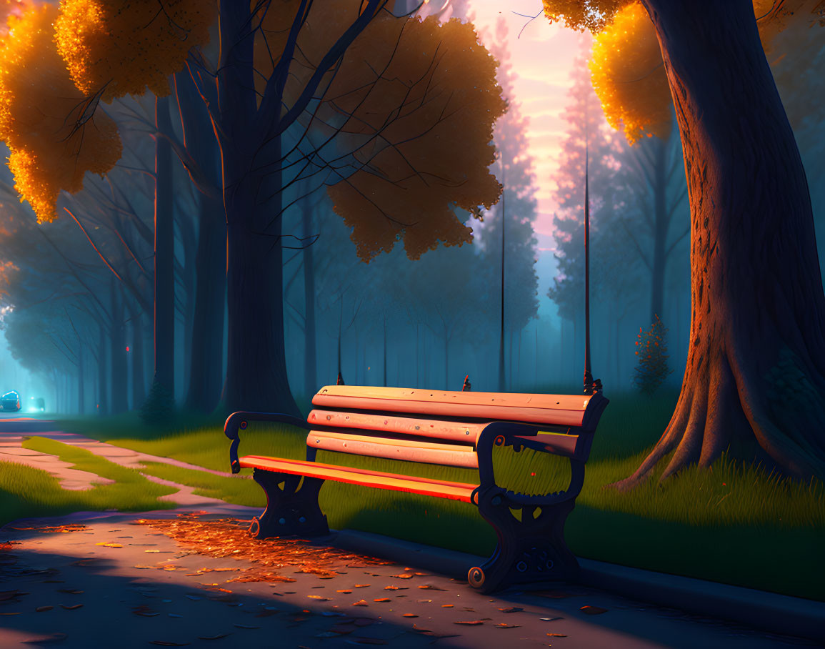 Tranquil park twilight with empty bench, golden trees, fallen leaves, and pink sky