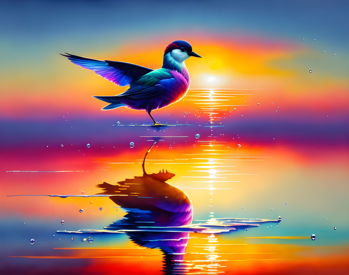 Colorful Duck Standing on Water at Sunset with Mirrored Sky