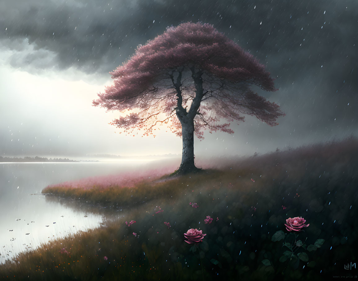 Solitary tree with pink leaves by water under stormy sky