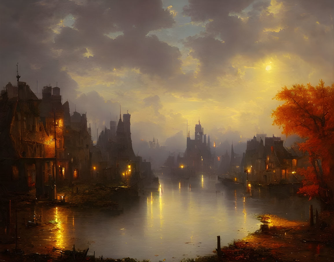 Old European-style city at dusk with buildings reflected in river under golden sky.