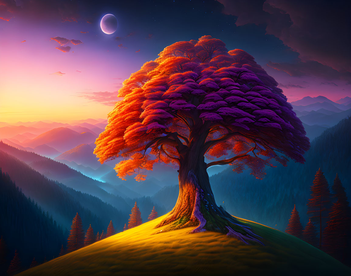 Digital art: Solitary tree with purple foliage on hill, twilight sky, crescent moon.