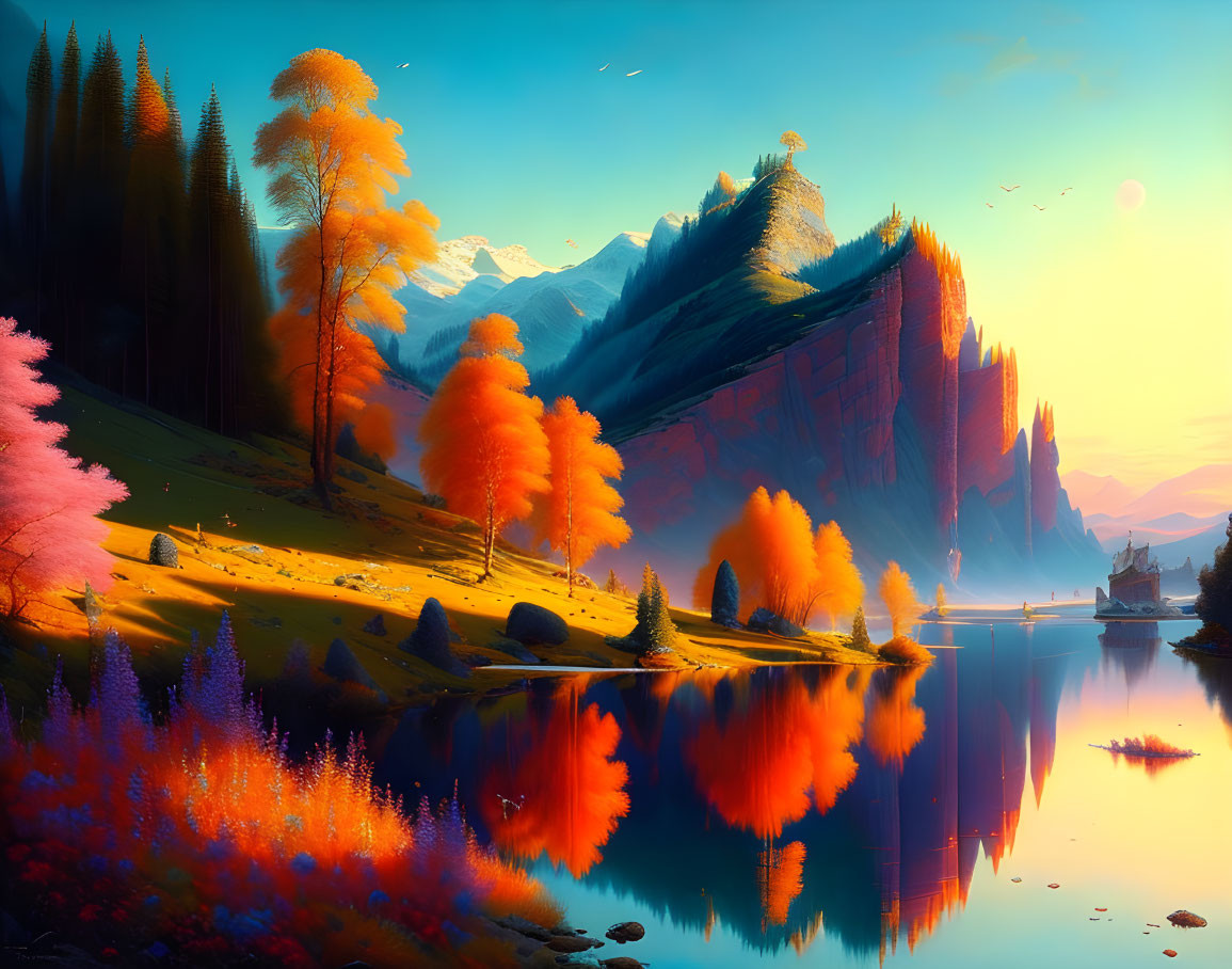 Scenic autumn landscape with blue lake, colorful trees, and mountains