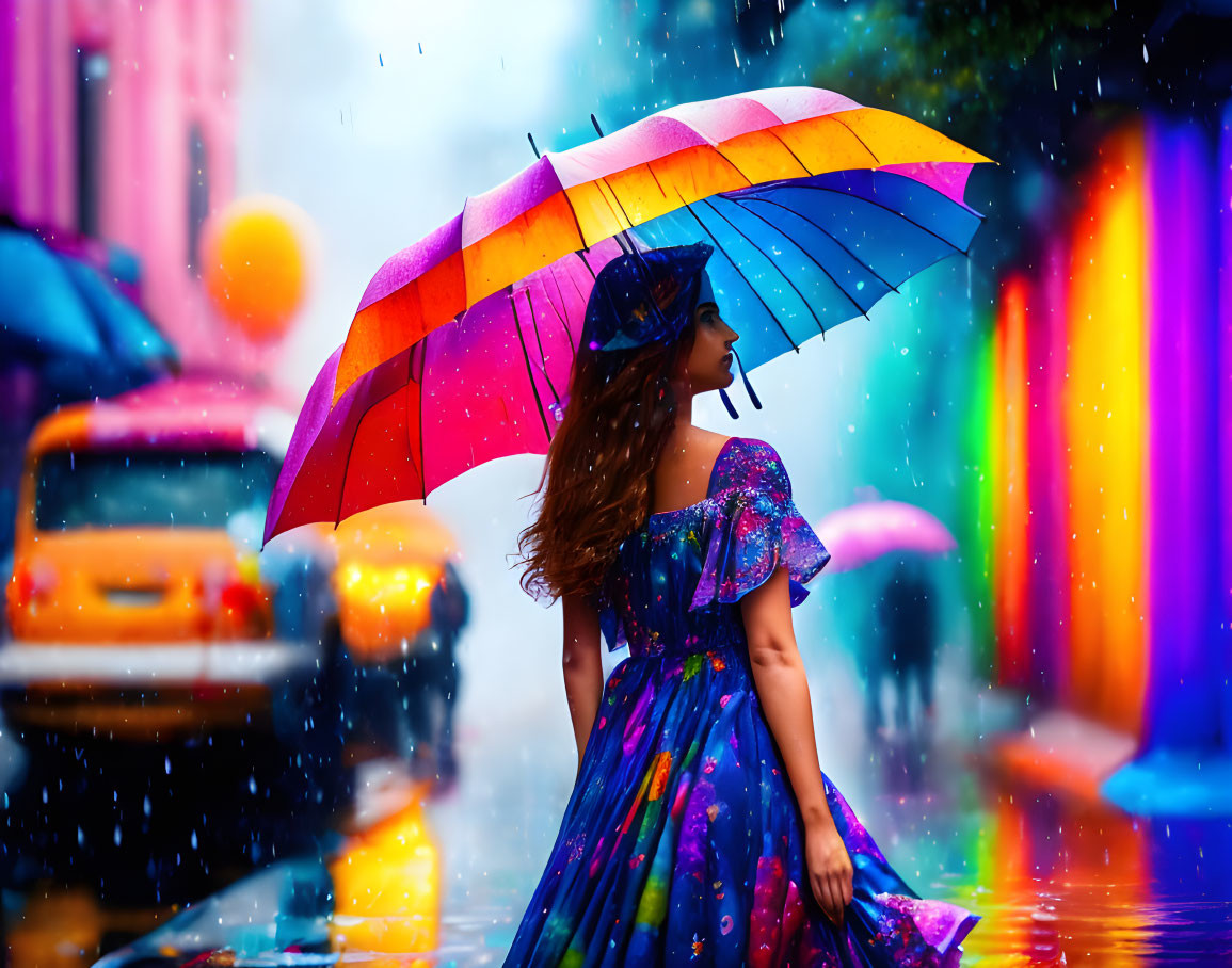 Woman in vibrant dress with colorful umbrella on rain-soaked street