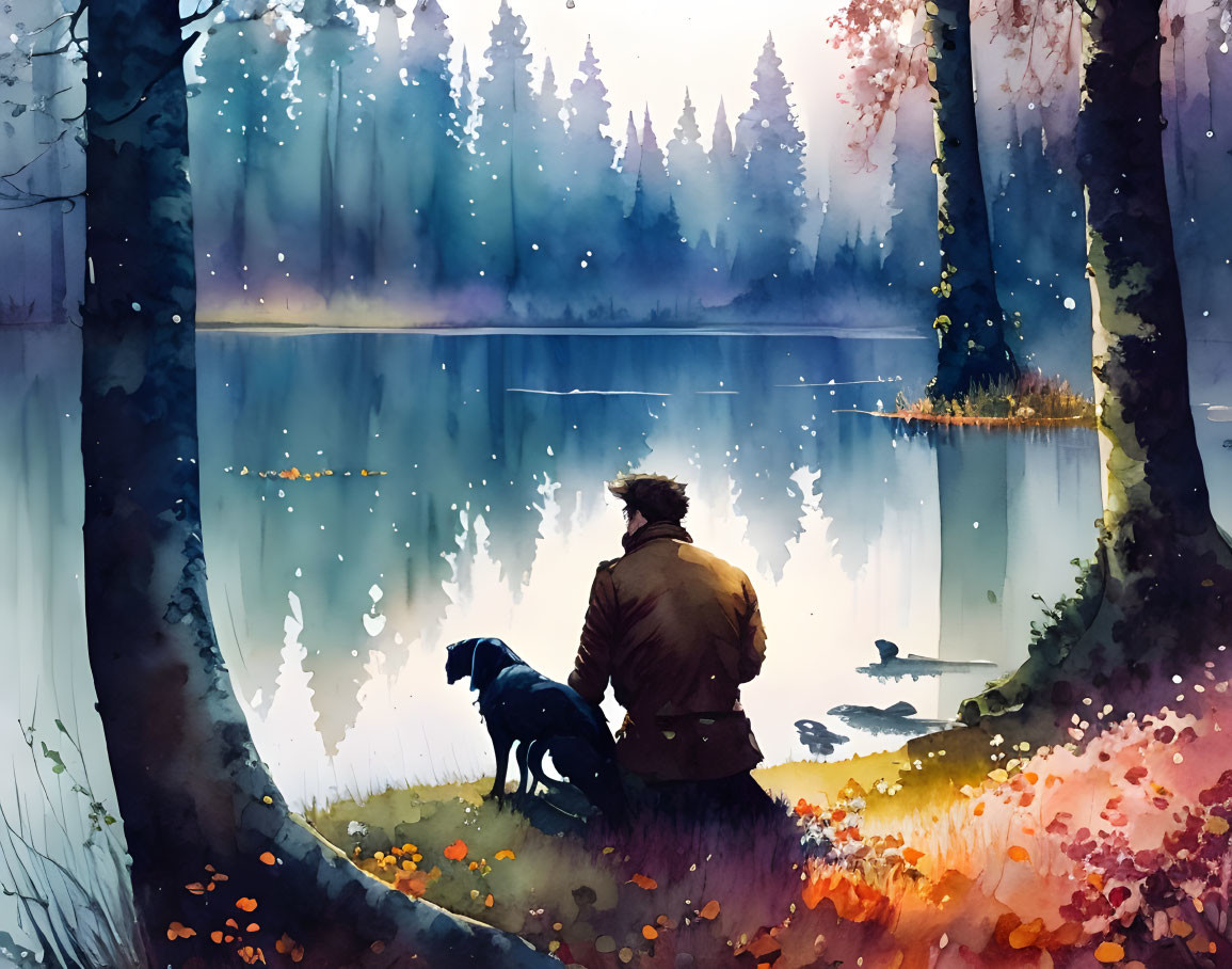 Person with Dog Enjoying Autumnal Lake Scene