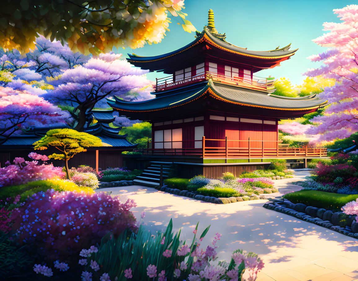 Japanese Pagoda in Vibrant Garden with Blossoming Trees