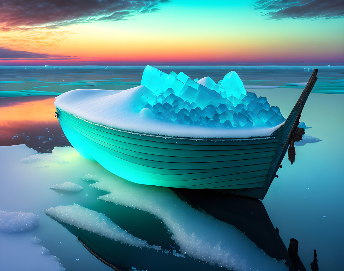 Ice-filled Boat Floating on Calm Waters at Sunset