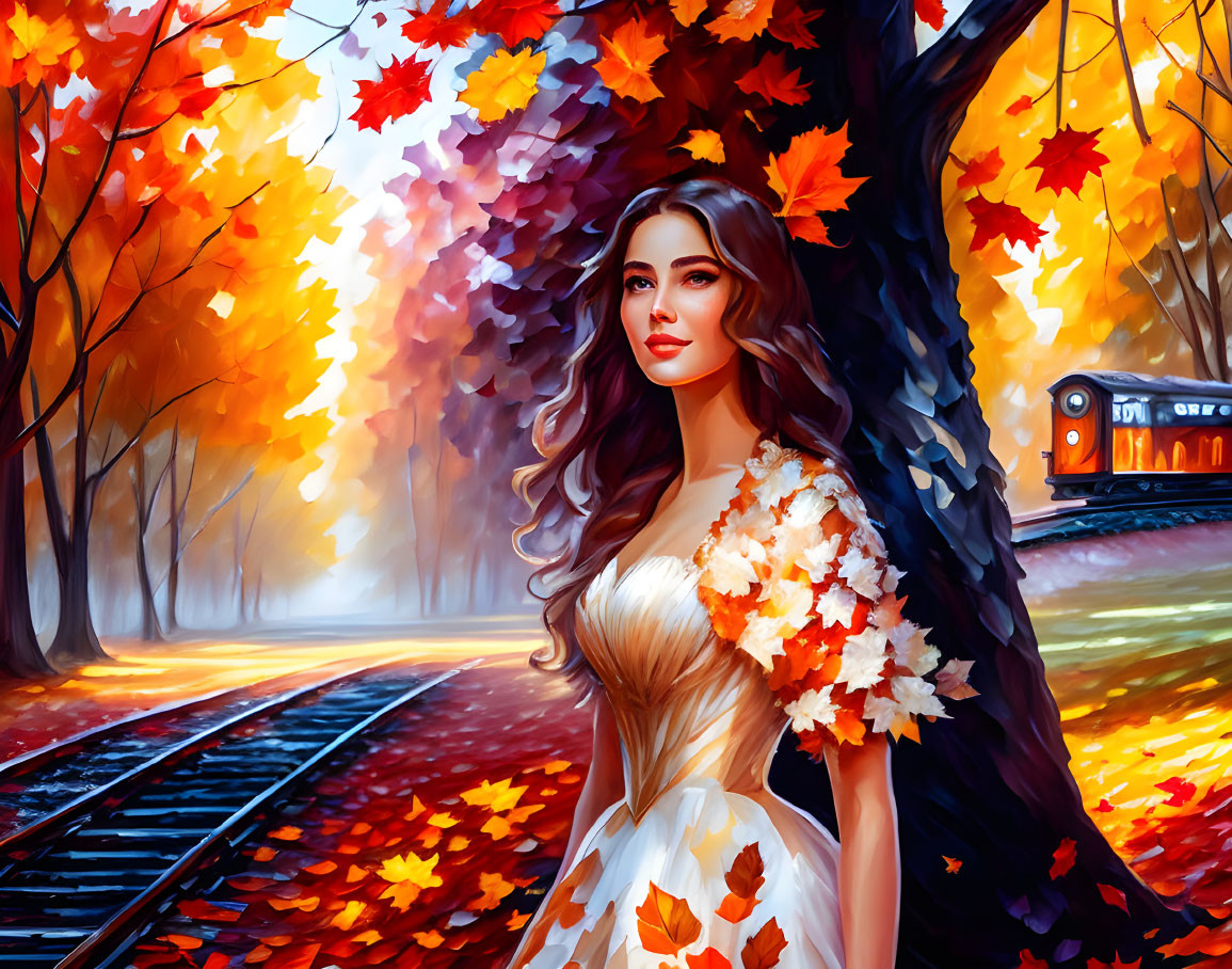 Woman in white dress with autumn leaves by railroad in vibrant fall setting.