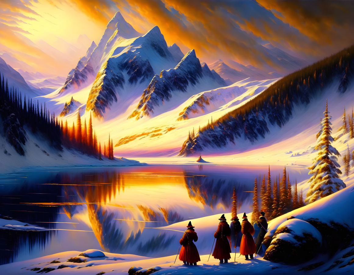 Four Cloaked Figures Admire Mountain Landscape at Sunrise