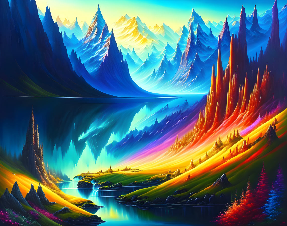 Vibrant digital landscape with sharp peaks and reflective river