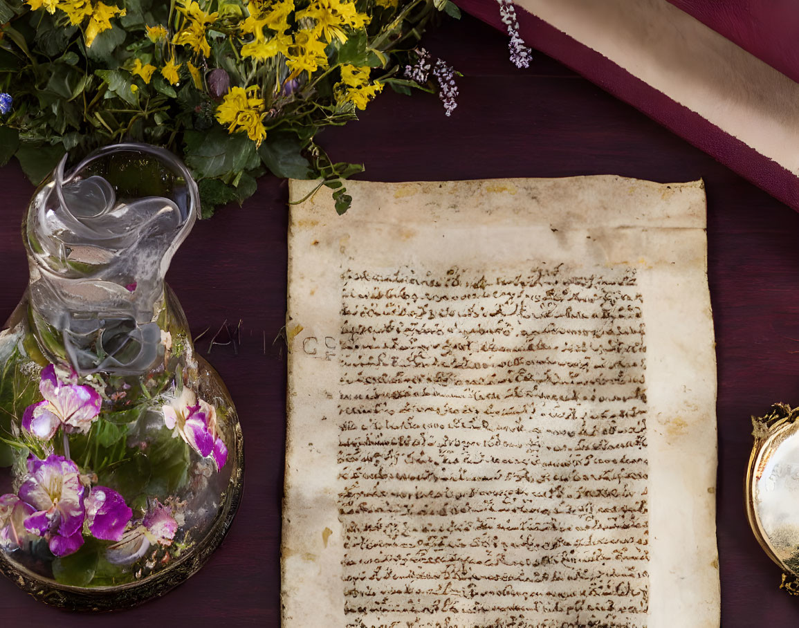 Vintage handwritten document on wooden desk with inkwell, floral bouquet, and red fabric.