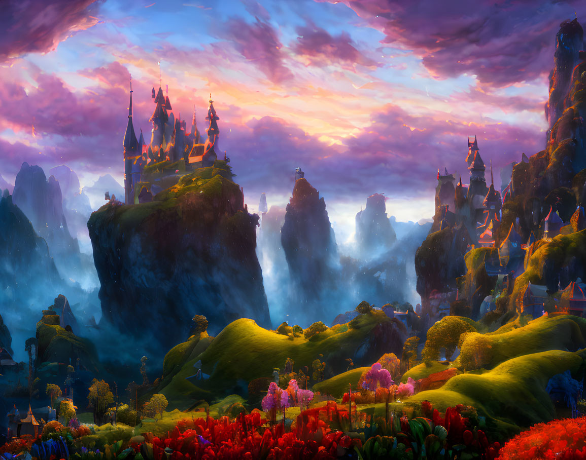 Colorful fantasy landscape with misty cliffs, castles, lush greenery, and dramatic sky