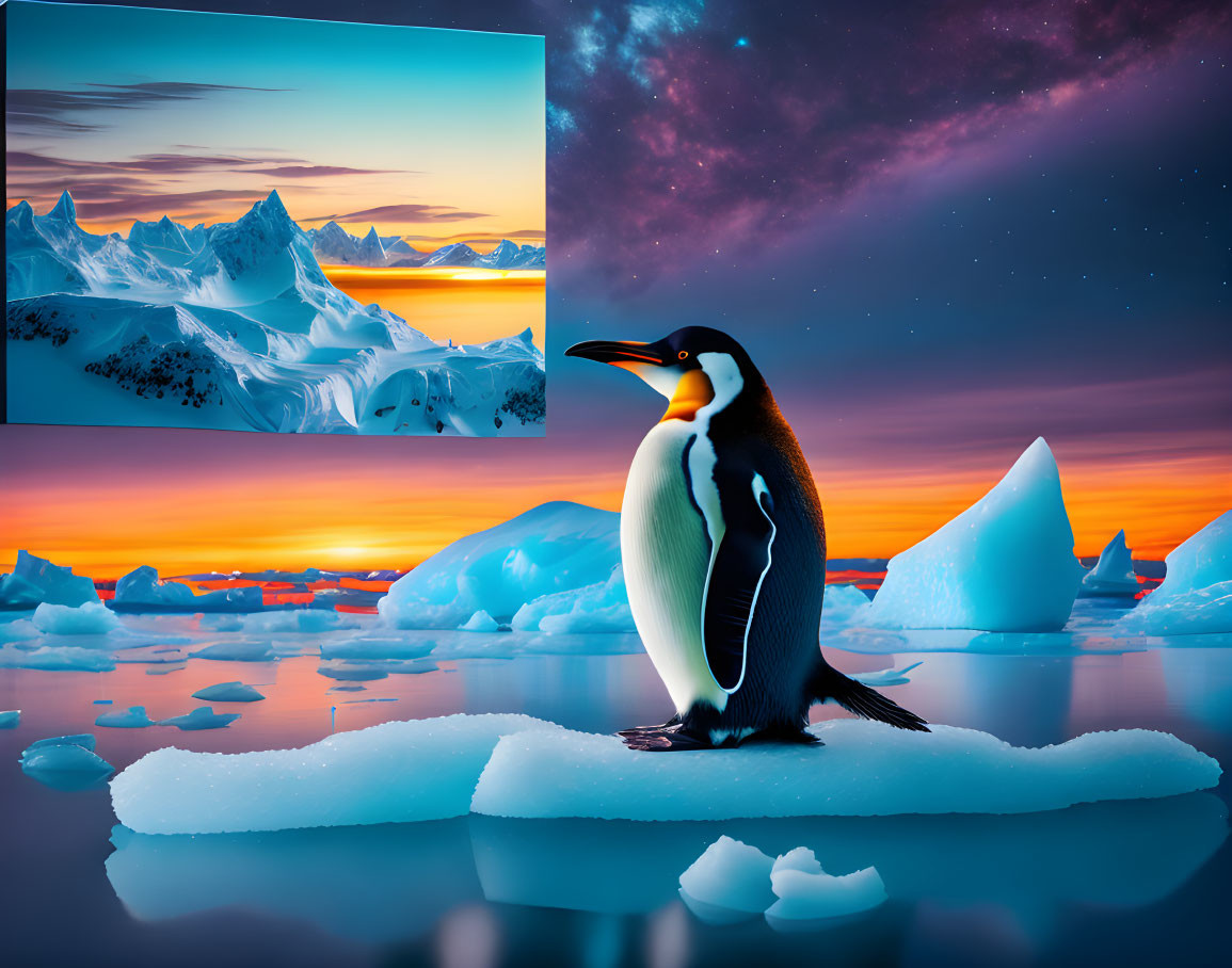 Penguin on Ice Floe with Arctic Landscape and Mountains