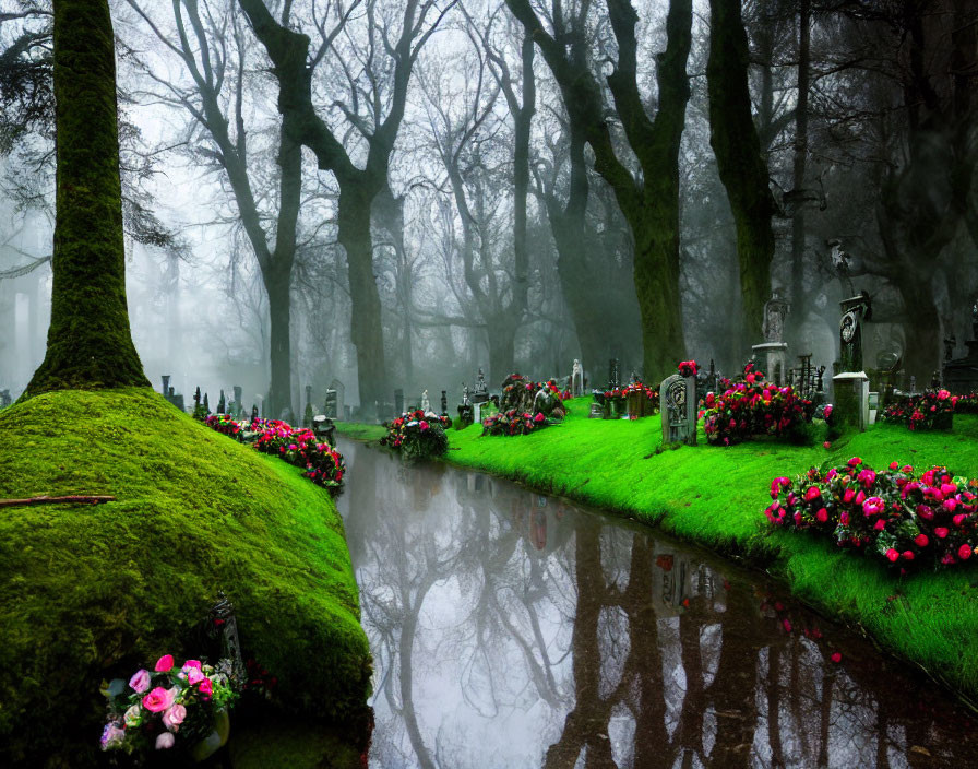 Misty cemetery with pink flowers, waterway, greenery & tombstones