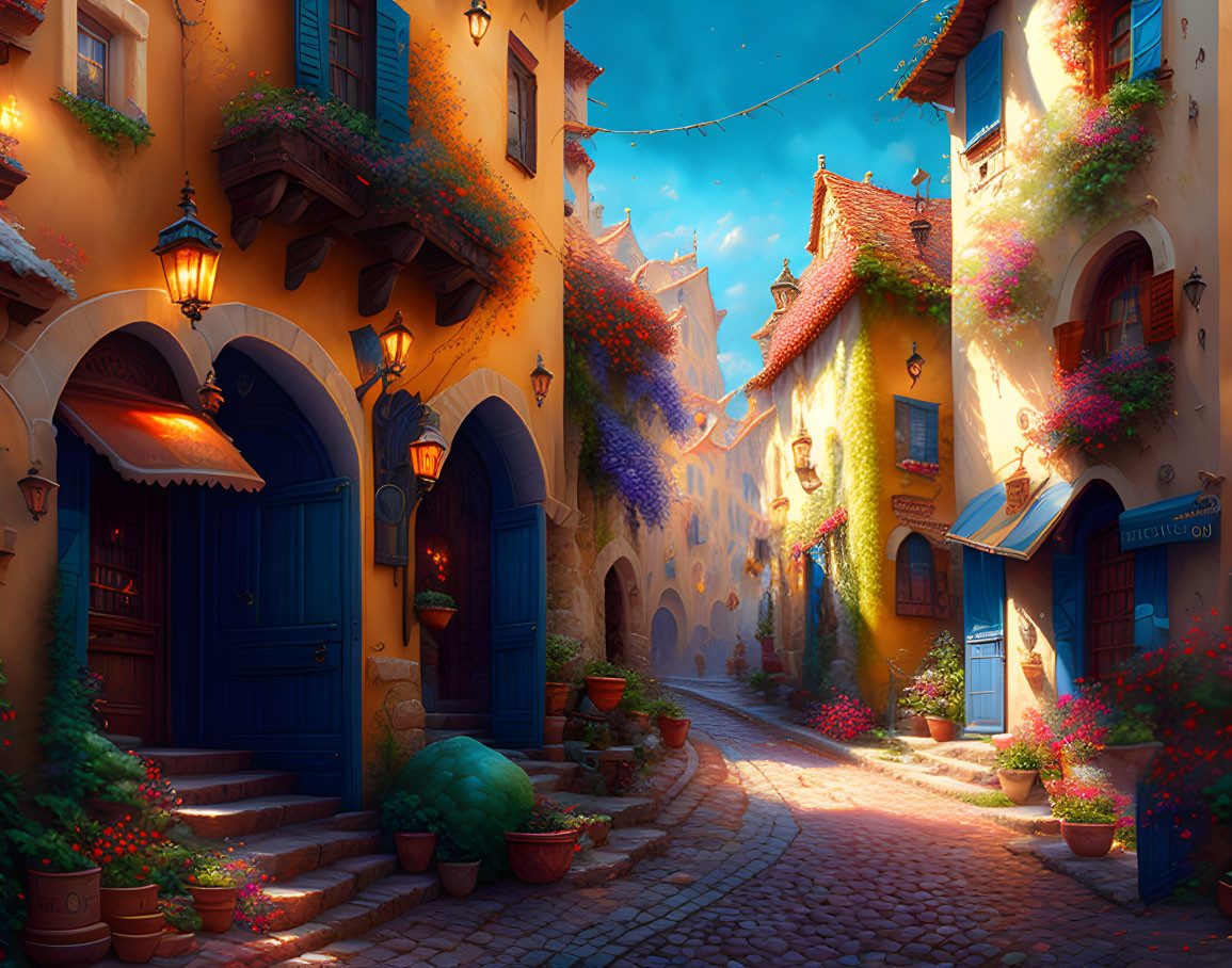 Charming cobblestone street with colorful houses and flowers in warm light