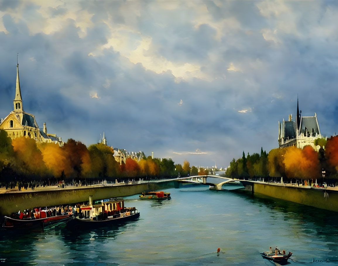 Scenic Parisian Seine River Painting with Boats and Autumn Trees