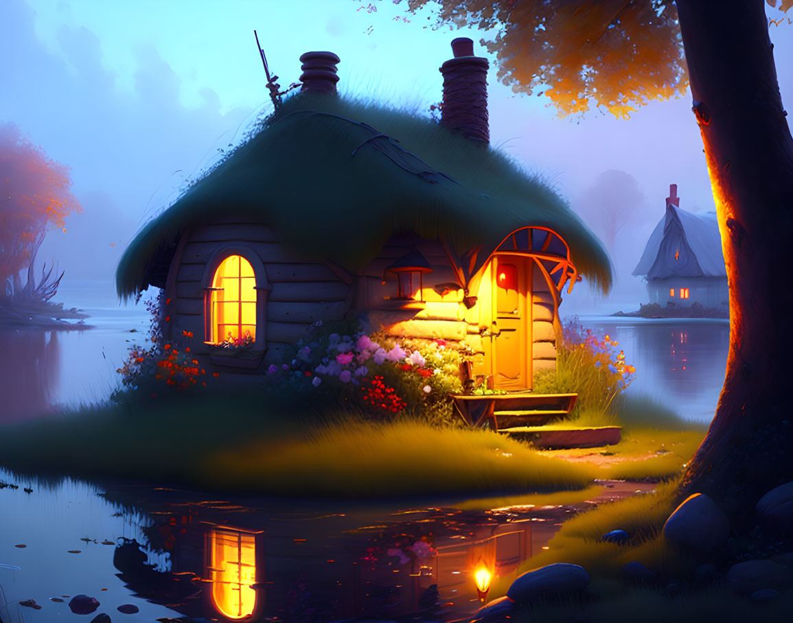 Thatched Roof Cottage by Serene Lakeside at Twilight