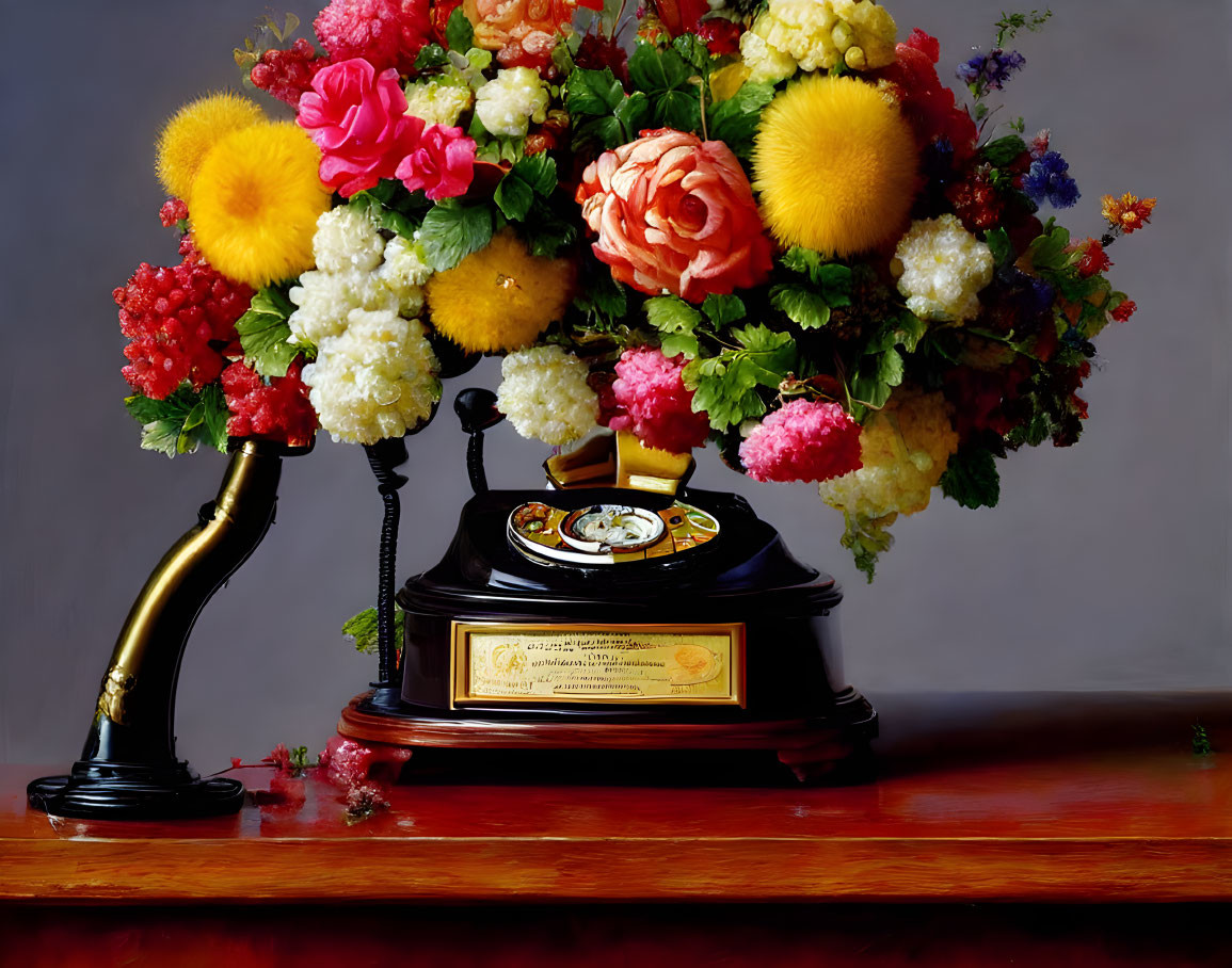 Colorful flower bouquet on antique gramophone with brass horn & decorative plate