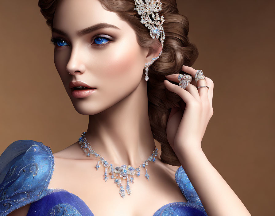 Elegant woman with blue eyes in luxurious gown and jewelry