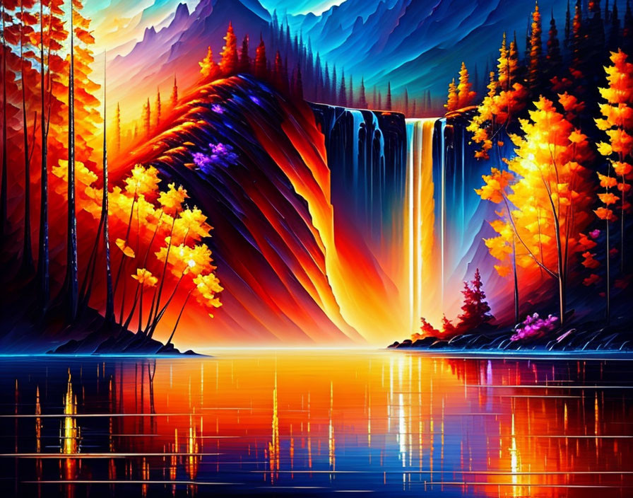 Majestic waterfall painting in autumn forest landscape