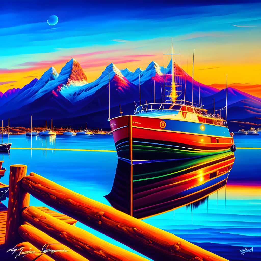 Vibrant digital artwork: Boat in serene harbor at dusk, colorful mountains, crescent moon