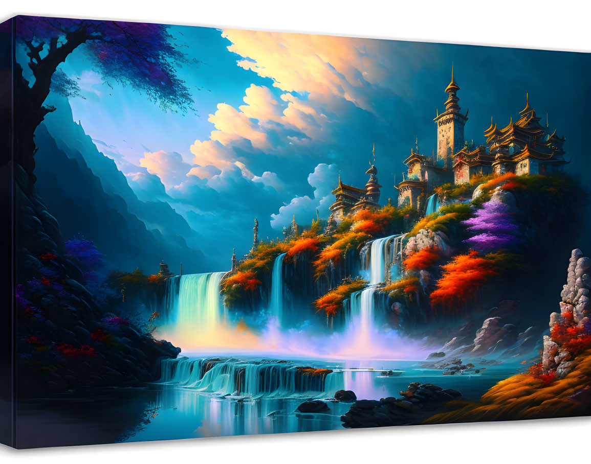 Fantasy castle on waterfalls with colorful foliage under dramatic sky