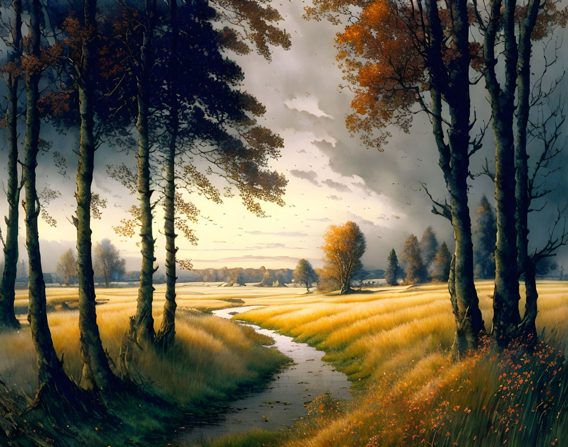 Golden Fields and Fall Trees in Serene Autumn Landscape