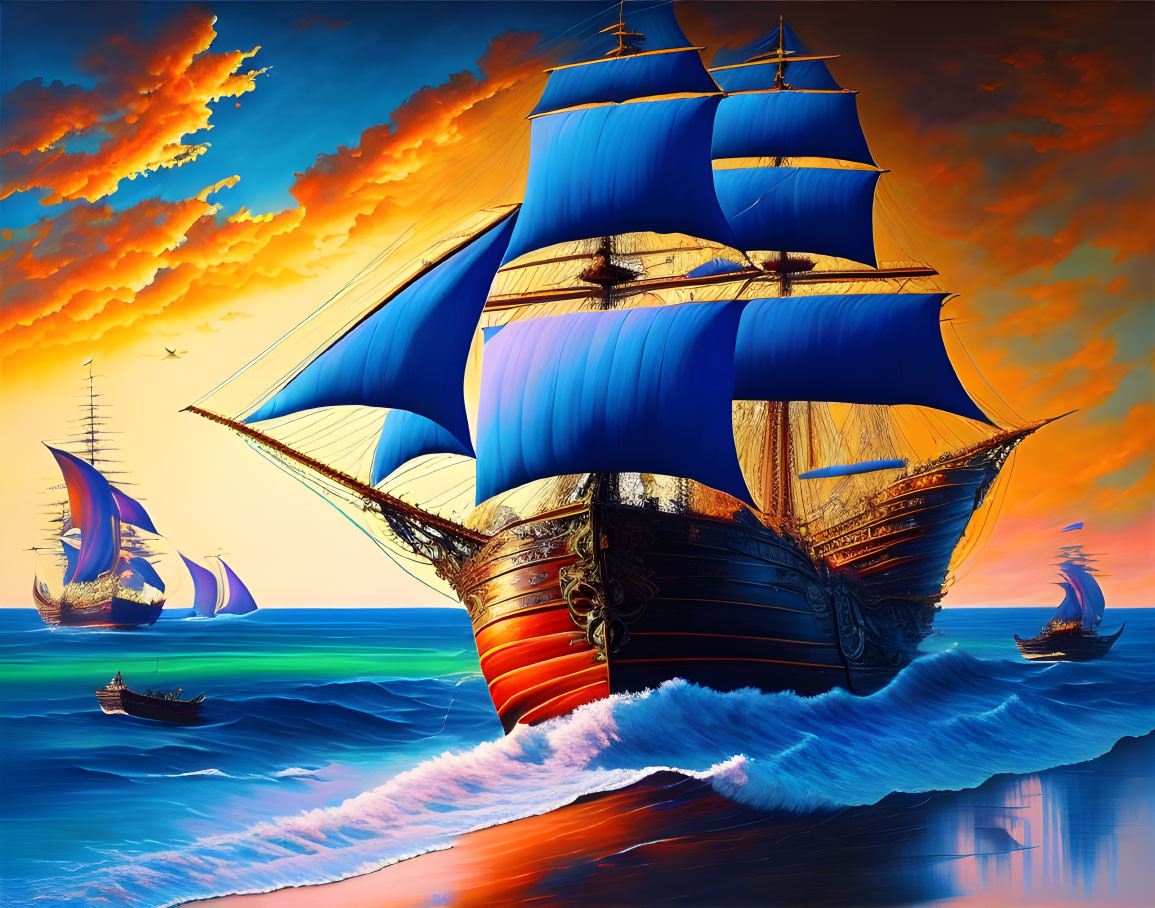 Colorful painting of ships with blue sails on fiery ocean under sunset sky