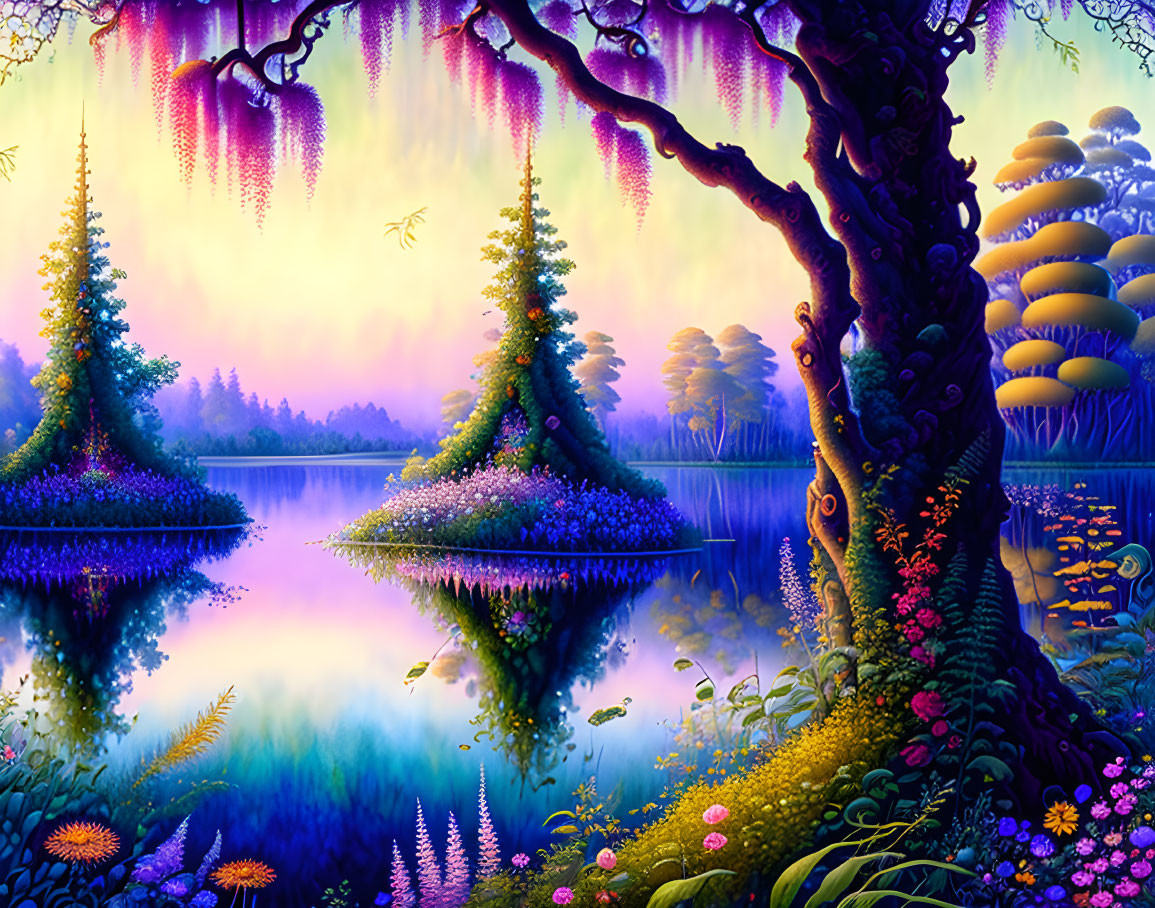 Fantastical purple landscape with lush trees, whimsical flora, and reflective lake