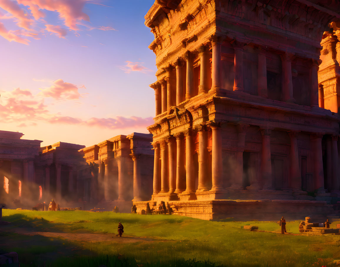 Ancient ruins at sunset with grand columns and intricate facades