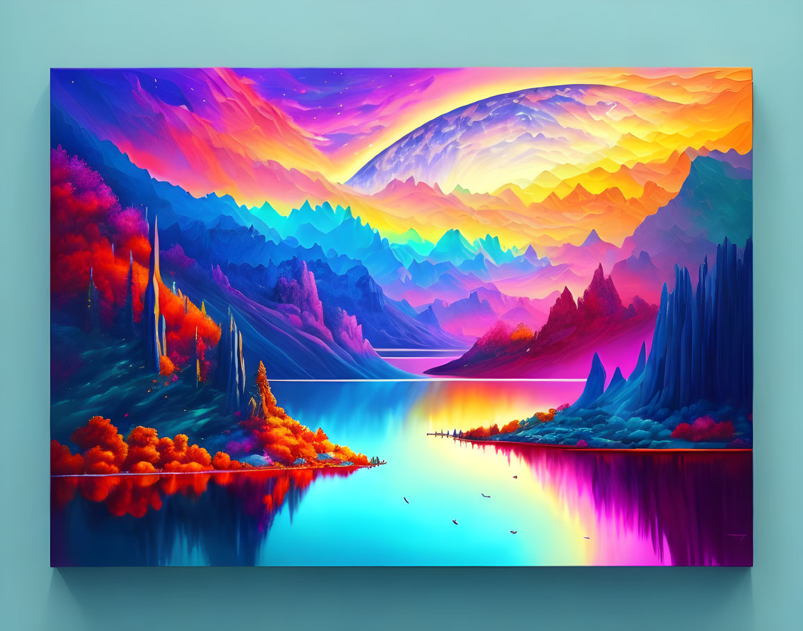 Colorful Fantasy Landscape with Layered Mountains and Reflective Lake